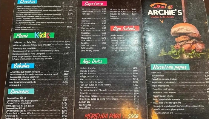 Archies Pizzas Burgers Menu