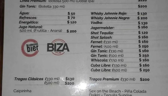 Biza Pub:  Menu - Pub