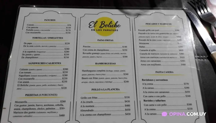 El Boliche En Los Paraisos:  Menu