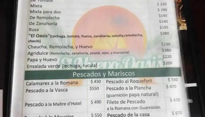 El Nuevo Oasis:  Menu