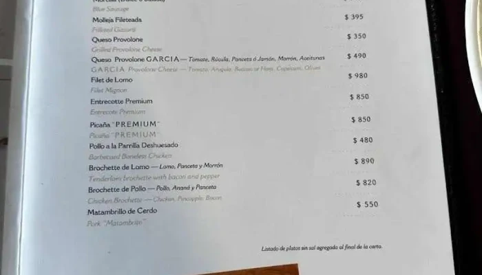 Garcia Menu - Parrilla