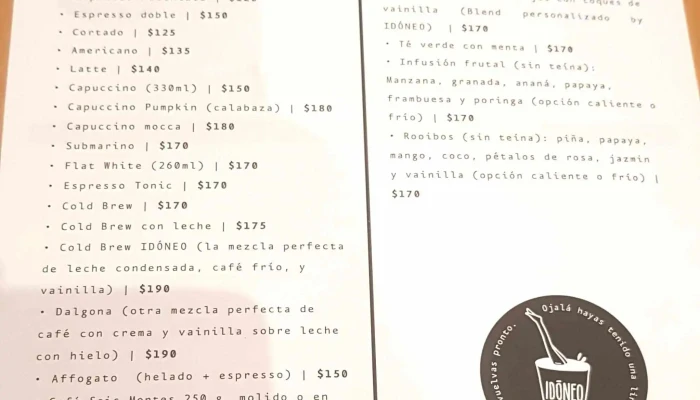 Idoneo Cafe Menu - Cafetería