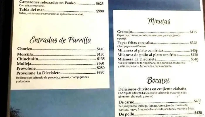 La Diecisiete Brasas Y Afines:  Menu