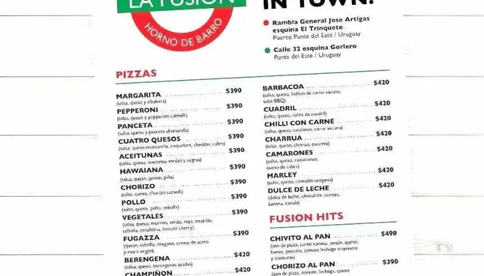 La Fusion Pizza Cafe Menu - Punta del Este