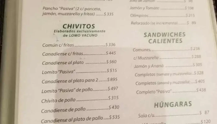 La Pasiva:  Menu