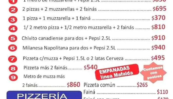 Pizzas Dali Menu