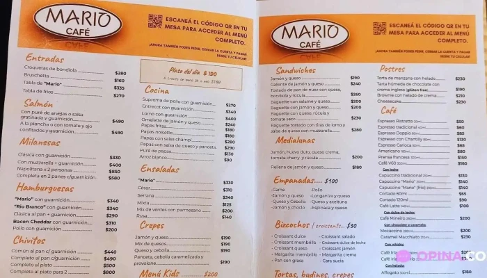 Restaurante Mario Cafe Menu