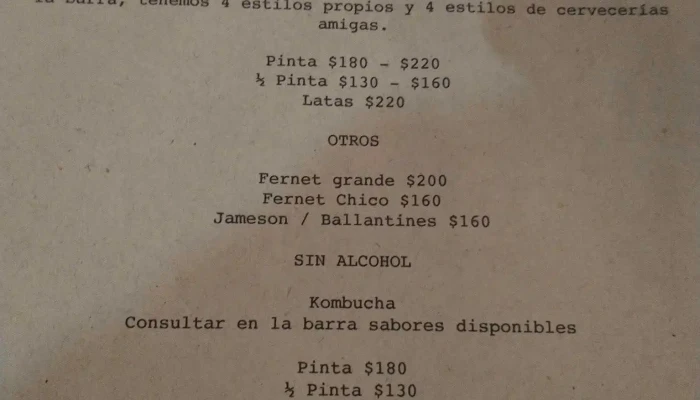 Sambo Menu - Cervecería artesanal