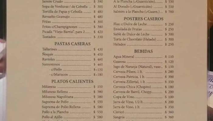 Viejo Barrio:  Menu